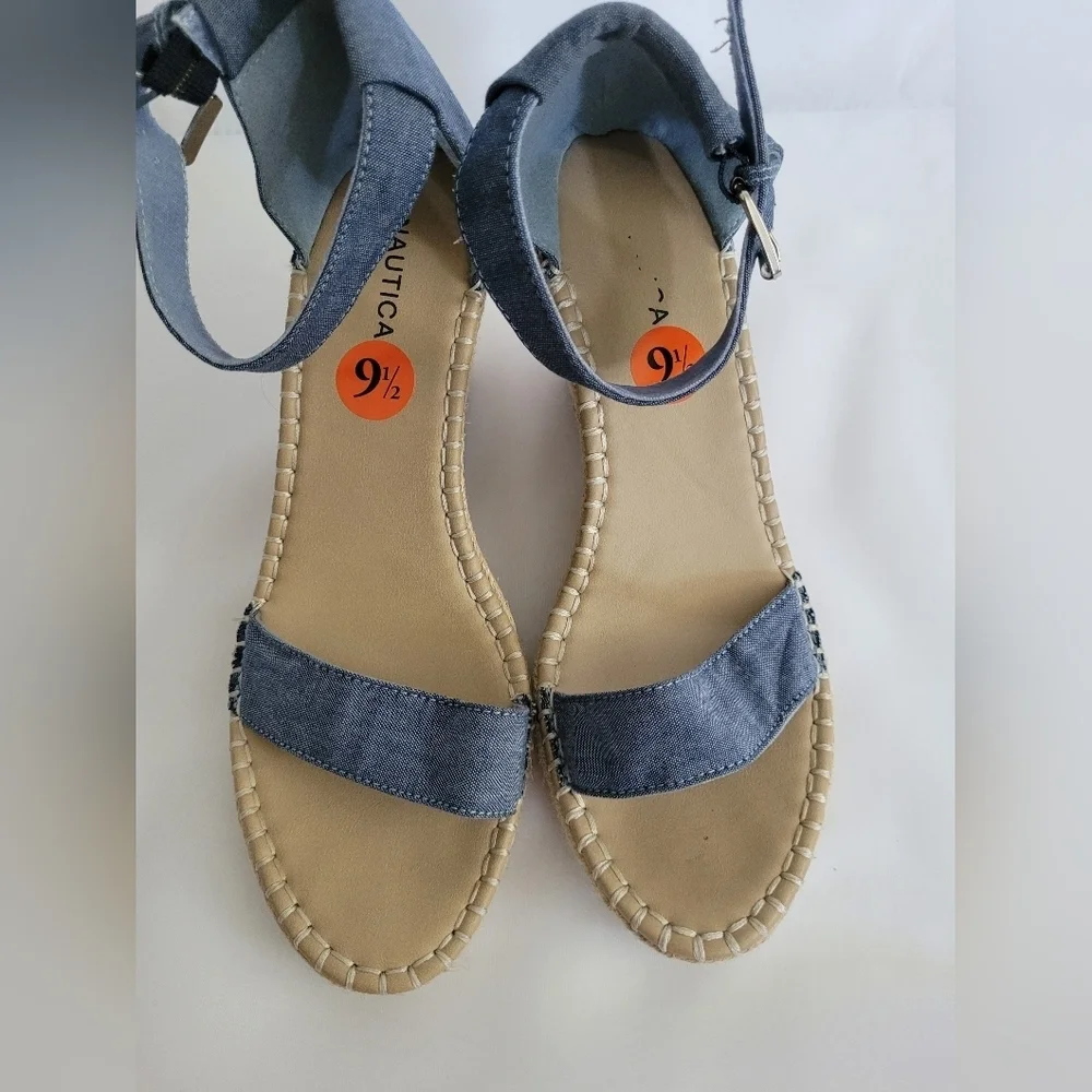 Nautica 9.5 Light Blue Denim Espadrille Wedge Ankle Strap Sandals